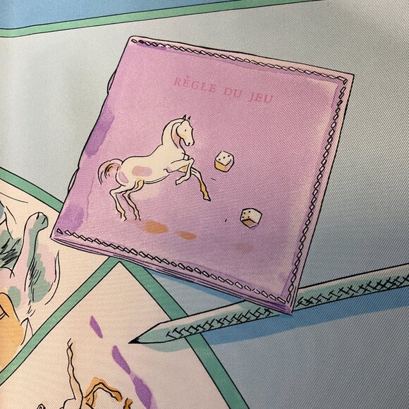 Hermes Light Blue Multi Le Jeu des Petits Bonheurs Print Square Silk Twill Scarf - Picture 9 of 10